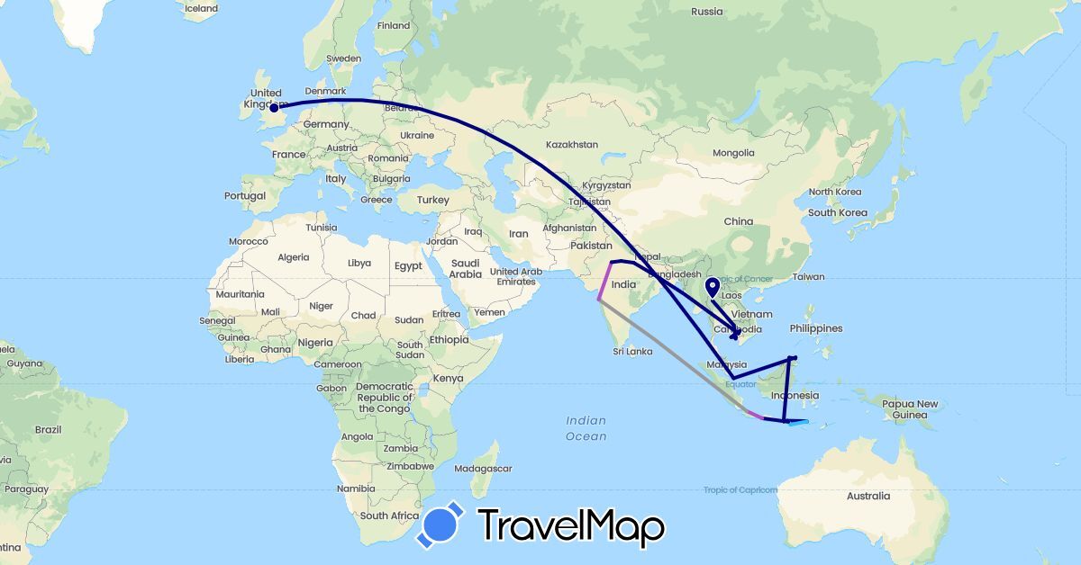 TravelMap itinerary: driving, plane, train, boat in United Kingdom, Indonesia, India, Cambodia, Malaysia, Singapore, Thailand (Asia, Europe)